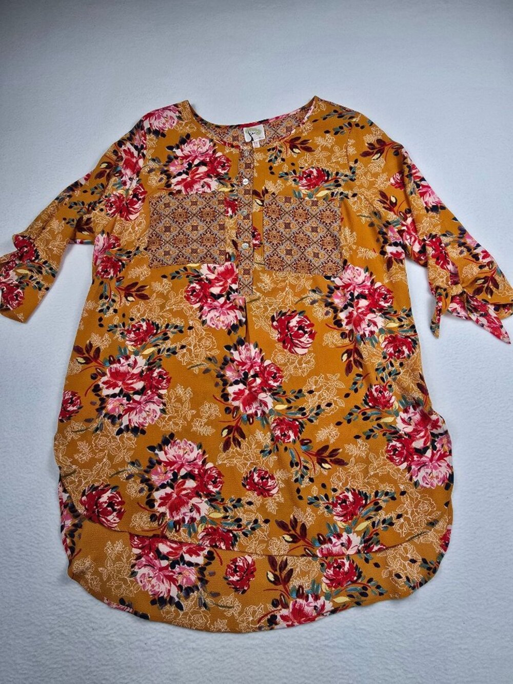 Anthropologie Fig And Flower 1X Floral Mustard Tunic Top Boho